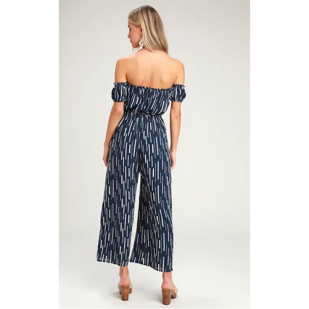 Lulus Navy Blue Abstract Stripe Off Shoulder Jumpsuit Medium Puff Sleeve Boho - Picture 2 of 8